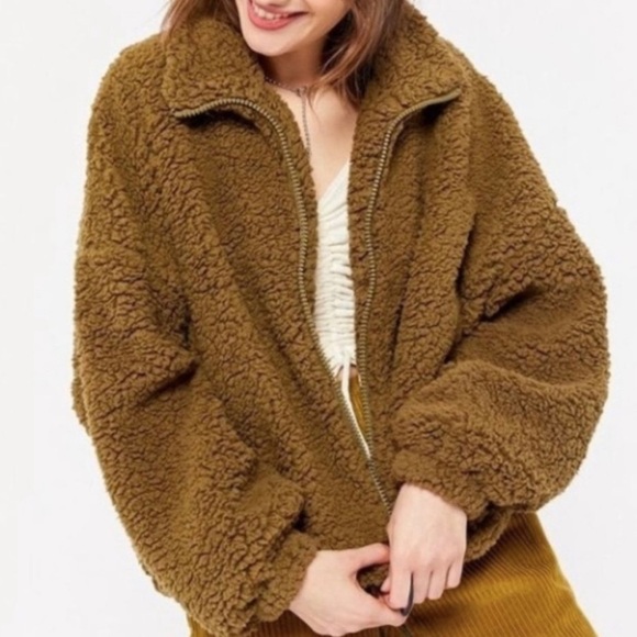 Urban Outfitters | Olive Green Willow Fuzzy Drawstring Teddy Jacket Size Medium - Picture 11 of 11